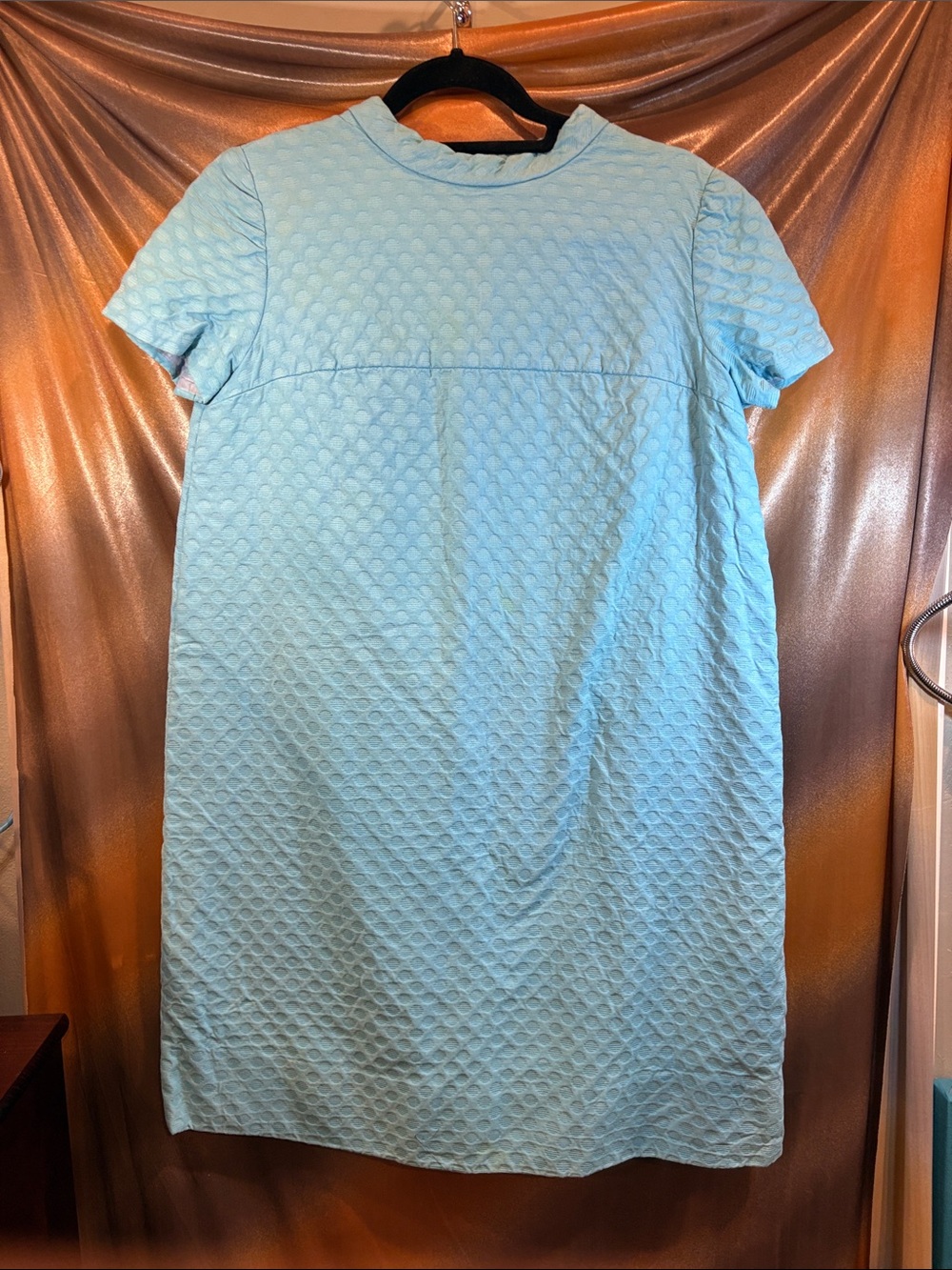 Vintage‎ polyester 70’s Sky Blue Textured Shift Dress box YY